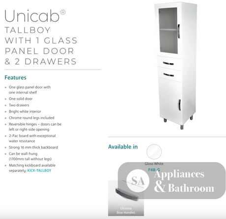 Fienza F48-G Unicab Tallboy 1 Glass Panel Door & 2 Drawers - Bathroom Storage