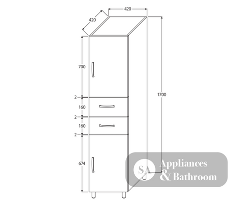 Fienza F48-G Unicab Tallboy 1 Glass Panel Door & 2 Drawers - Bathroom Storage