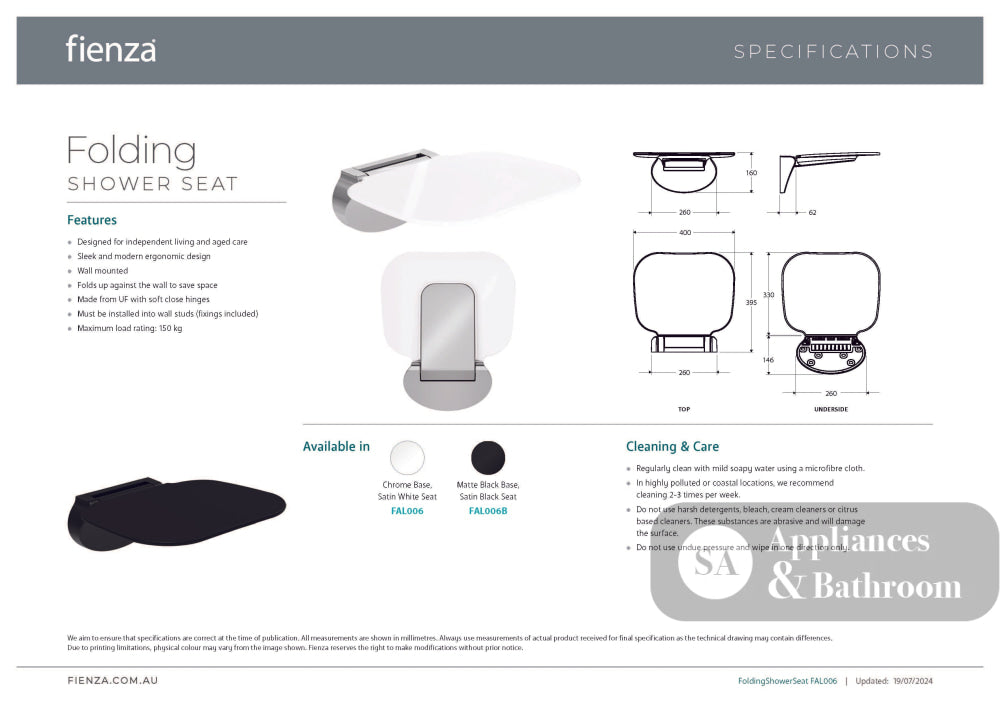 Fienza FAL006B Care Folding Shower Seat Matte Black Base Satin Black Seat - Shower Seat