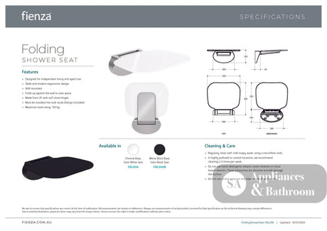 Fienza FAL006B Care Folding Shower Seat Matte Black Base Satin Black Seat - Shower Seat
