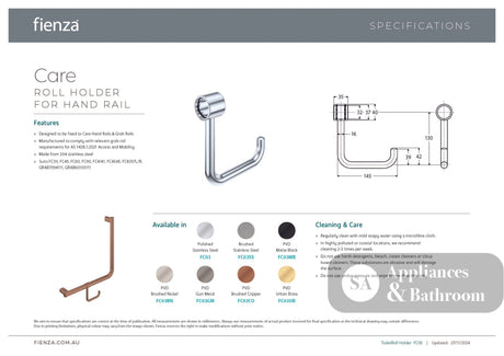 Fienza FC03BN Care Roll Holder for Grab Rail Brushed Nickel - Grab Rail