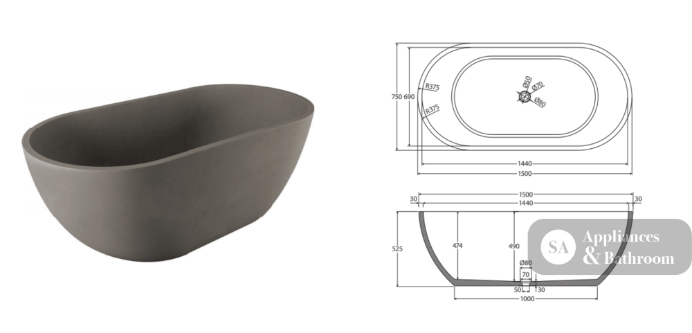 Fienza FC12-B Jada Freestanding Concrete Bath 1550mm Matte Grey - Freestanding Bath
