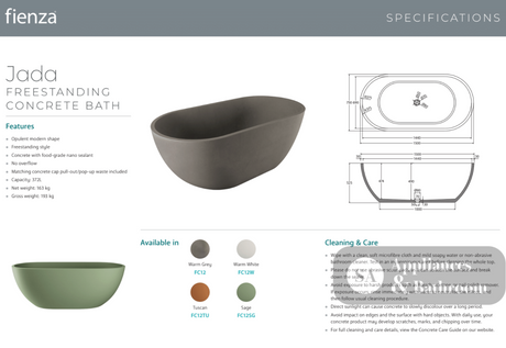 Fienza FC12 Jada Concrete Bath Warm Grey - Freestanding Bath
