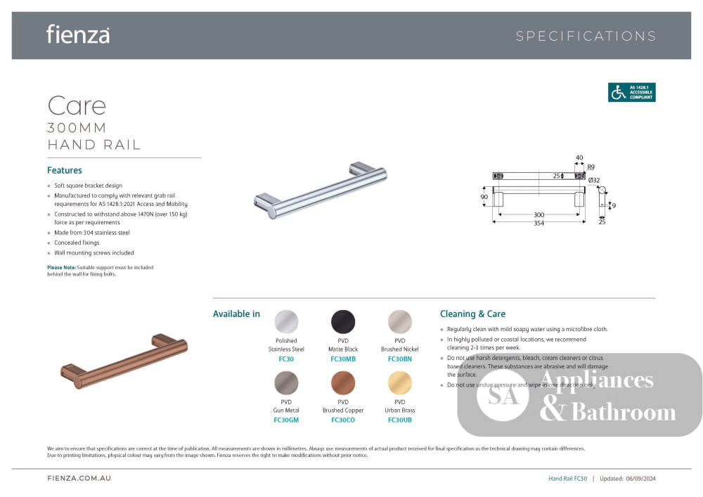 Fienza FC30BN Care Slimline Hand Grab Rail 300mm Brushed Nickel - Grab Rail