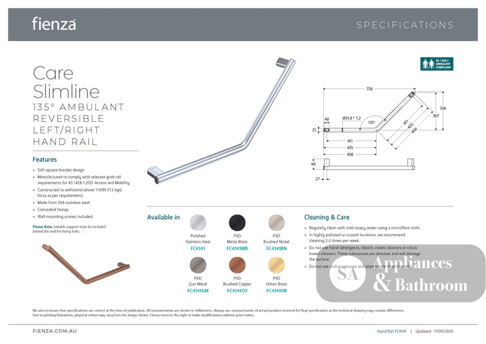 Fienza FC4141CO 135° Care Slimline Ambulant Care Reversible Left/Right Hand Grab Rail Brushed Copper - Grab Rail