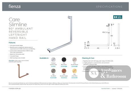 Fienza FC4545BN 90° Care Slimline Ambulant Care Hand Grab Rail Brushed Nickel - Grab Rail