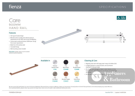 Fienza FC90BN Care Slimline Hand Grab Rail 900mm Brushed Nickel - Grab Rail