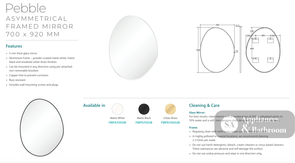 Fienza FMPA7092W Pebble Matte White Asymmetrical Framed Mirror 700 x 920mm - Mirrors