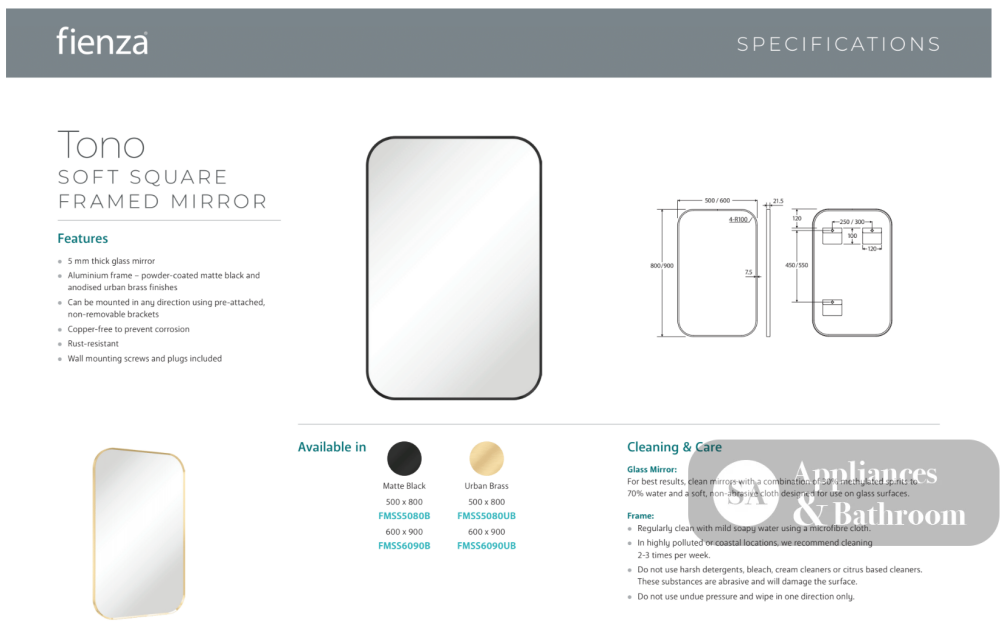 Fienza FMSS5080UB Tono Urban Brass Soft Square Framed Mirror 500 x 800mm - Mirrors