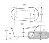 Fienza FR2550-1500B 1500mm Clawfoot Freestanding Acrylic Bath Matte Black Feet - Freestanding Bath