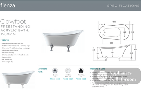 Fienza FR2550-1500C 1500mm Clawfoot Freestanding Acrylic Bath Chrome Feet - Freestanding Bath
