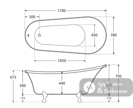 Fienza FR2550-1700B 1700mm Clawfoot Freestanding Acrylic Bath Matte Black Feet - Freestanding Bath