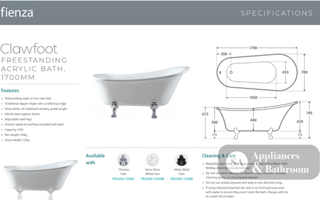 Fienza FR2550-1700B 1700mm Clawfoot Freestanding Acrylic Bath Matte Black Feet - Freestanding Bath