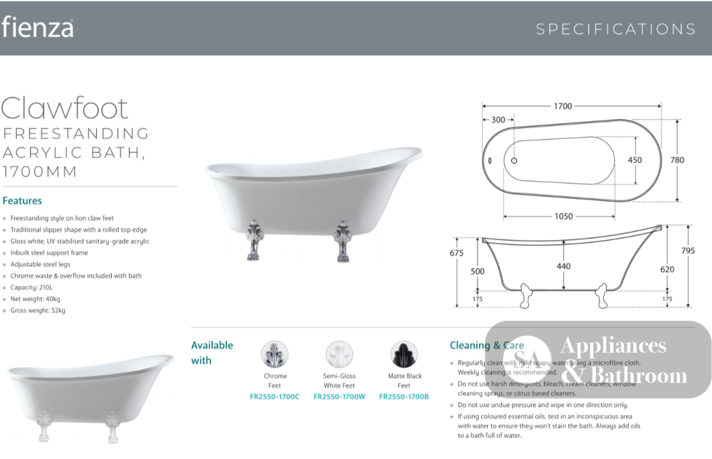 Fienza FR2550-1700C 1700mm Clawfoot Freestanding Acrylic Bath Chrome Feet - Freestanding Bath