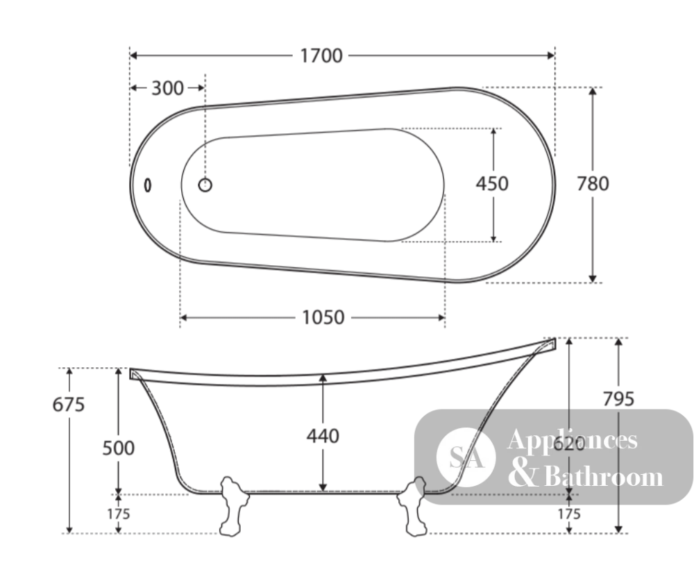 Fienza FR2550-1700C 1700mm Clawfoot Freestanding Acrylic Bath Chrome Feet - Freestanding Bath