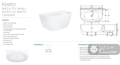 Fienza FR65-1300 Keeto Back-to-wall Acrylic Bath 1300mm Gloss White - Back To Wall Bath