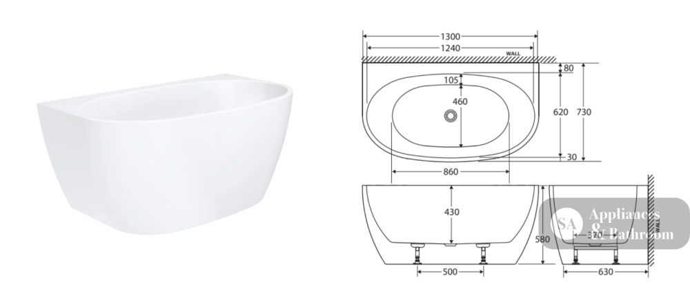 Fienza FR65-1300 Keeto Back-to-wall Acrylic Bath 1300mm Gloss White - Back To Wall Bath