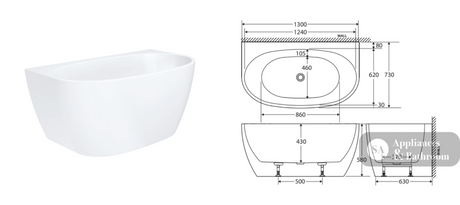 Fienza FR65-1300 Keeto Back-to-wall Acrylic Bath 1300mm Gloss White - Back To Wall Bath