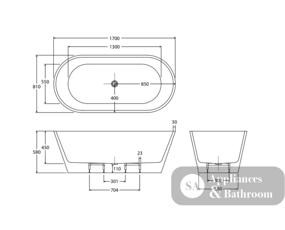 Fienza FR71-1700-OF Austin Freestanding Acrylic Bath 1700mm Gloss White - Freestanding Bath