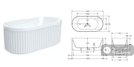 Fienza FR711-1500-OF Eleanor Fluted Freestanding Acrylic Bath 1500mm Gloss White - Freestanding Bath