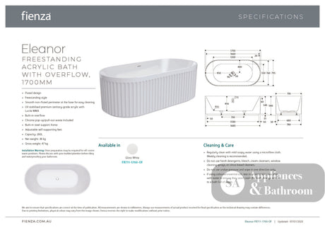 Fienza FR711-1700-OF Eleanor Fluted Freestanding Acrylic Bath 1700mm Gloss White - Freestanding Bath