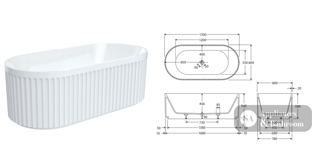 Fienza FR711-1700-OF Eleanor Fluted Freestanding Acrylic Bath 1700mm Gloss White - Freestanding Bath