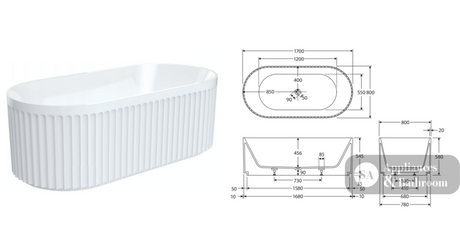 Fienza FR711-1700-OF Eleanor Fluted Freestanding Acrylic Bath 1700mm Gloss White - Freestanding Bath
