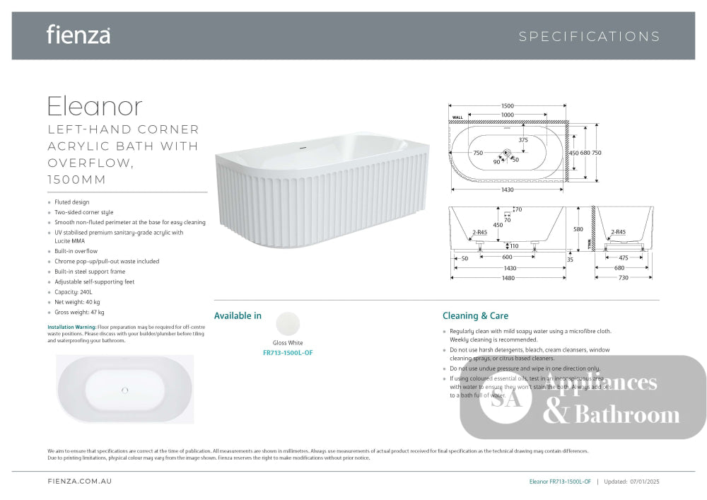 Fienza FR713-1500L-OF Eleanor Fluted Left-Hand Acrylic Corner Bath 1500mm - Corner Baths