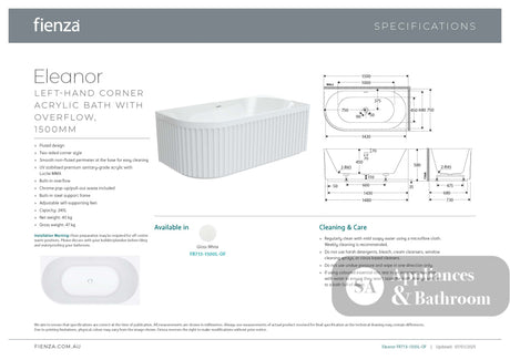 Fienza FR713-1500L-OF Eleanor Fluted Left-Hand Acrylic Corner Bath 1500mm - Corner Baths