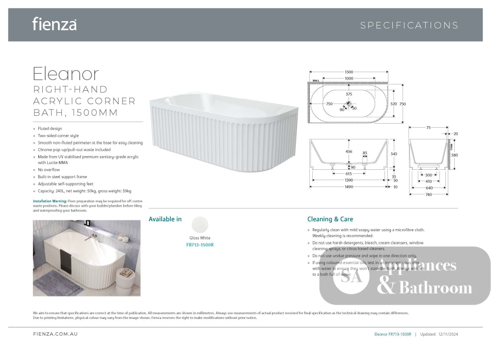 Fienza FR713-1500R Eleanor Fluted Right-Hand Acrylic Corner Bath 1500mm - Corner Baths