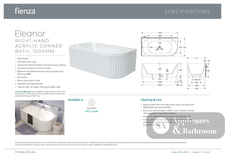 Fienza FR713-1500R Eleanor Fluted Right-Hand Acrylic Corner Bath 1500mm - Corner Baths