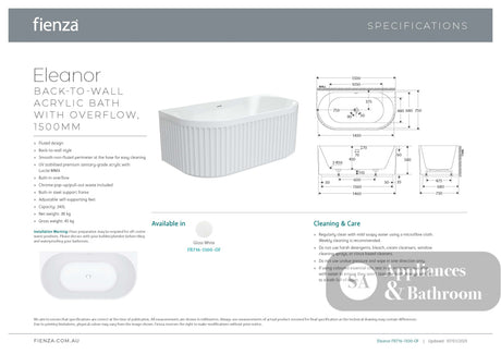 Fienza FR716-1500-OF Eleanor Back-To-Wall Acrylic Bath with Overflow 1500mm - Back To Wall Bath