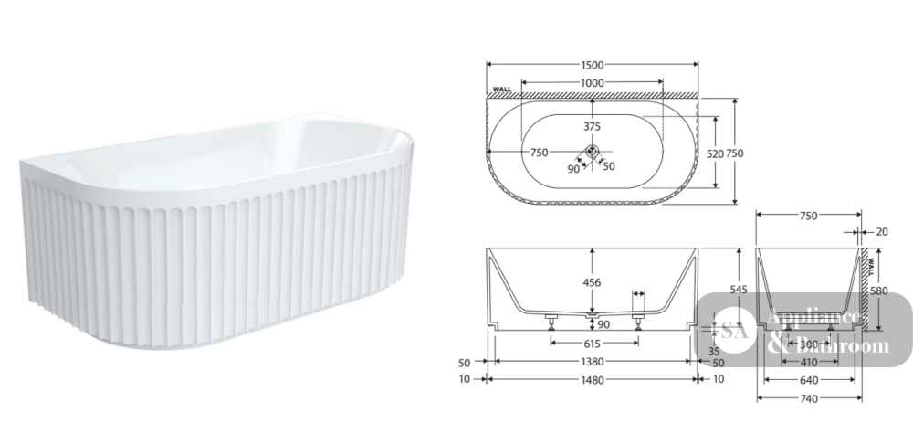 Fienza FR716-1500-OF Eleanor Back-To-Wall Acrylic Bath with Overflow 1500mm - Back To Wall Bath