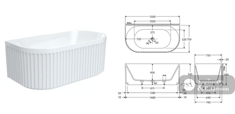 Fienza FR716-1500-OF Eleanor Back-To-Wall Acrylic Bath with Overflow 1500mm - Back To Wall Bath