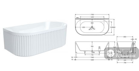 Fienza FR716-1700-OF Eleanor Back-To-Wall Acrylic Bath with Overflow 1700mm - Back To Wall Bath