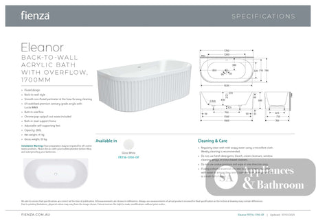 Fienza FR716-1700-OF Eleanor Back-To-Wall Acrylic Bath with Overflow 1700mm - Back To Wall Bath