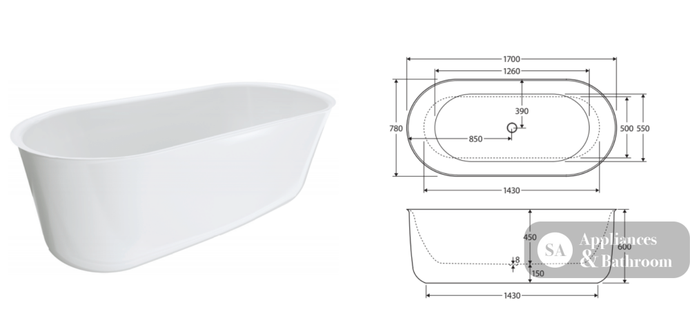Fienza FR72-1700 Windsor Freestanding Acrylic Bath 1700mm Gloss White - Freestanding Bath