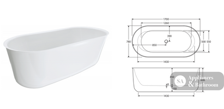 Fienza FR72-1700 Windsor Freestanding Acrylic Bath 1700mm Gloss White - Freestanding Bath
