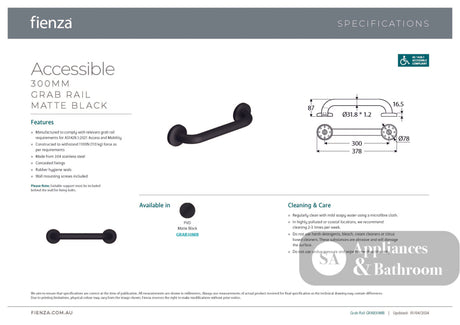 Fienza GRAB30MB Accessible Care 300mm Grab Rail Matte Black - Grab Rail