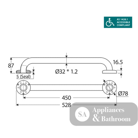 Fienza GRAB45 Stainless Steel Care Accessible 450mm Grab Rail - Grab Rail