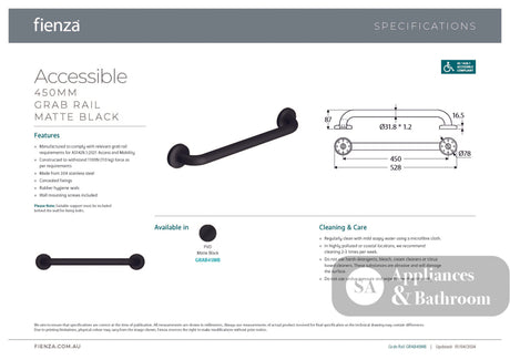 Fienza GRAB45MB Accessible Care 450mm Grab Rail Matte Black - Grab Rail