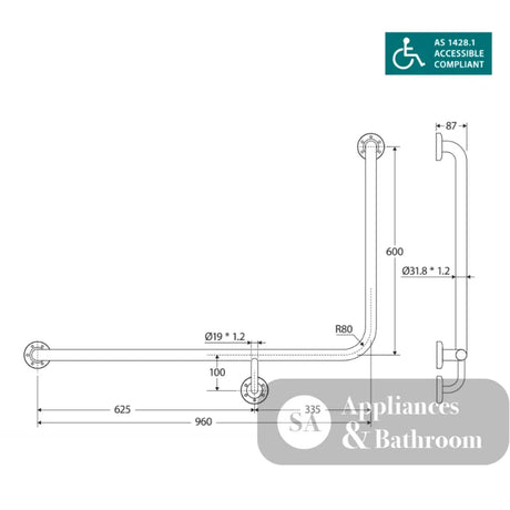Fienza GRAB9660L Care Ambulant 90° 960x600mm Stainless Steel Left Hand Grab Rail - Grab Rail