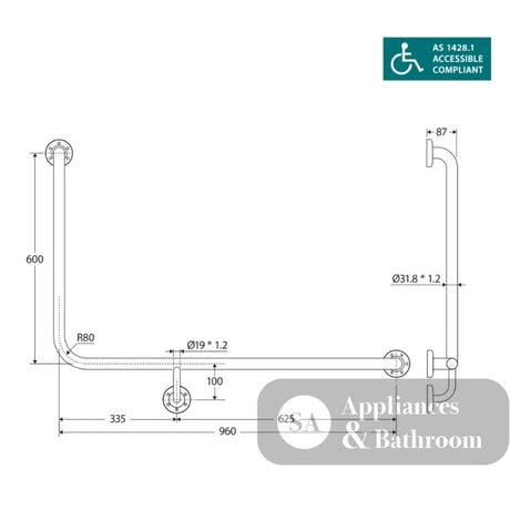 Fienza GRAB9660R Care Ambulant 90° 960x600mm Stainless Steel Right Hand Grab Rail - Grab Rail