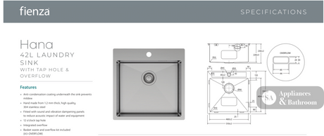 Fienza HANA 42L Square Laundry Sink with Overflow 68502-OF - Laundry Insert Sinks