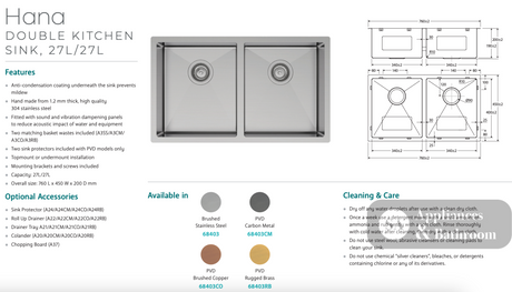 Fienza Hana 68403RB 27L/27L Double Kitchen Sink Rugged Brass