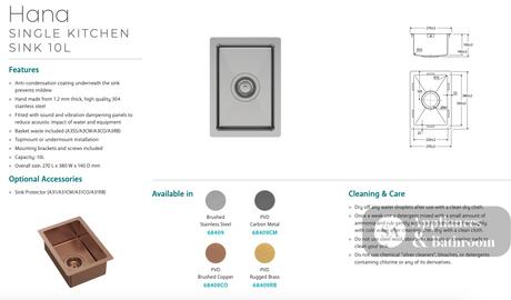 Fienza Hana 68409BC 10L Single Kitchen Sink Brushed Copper