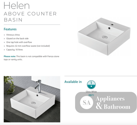 Fienza Helen RB71 1 Tap Hole Above Counter Basin Gloss White - Basins