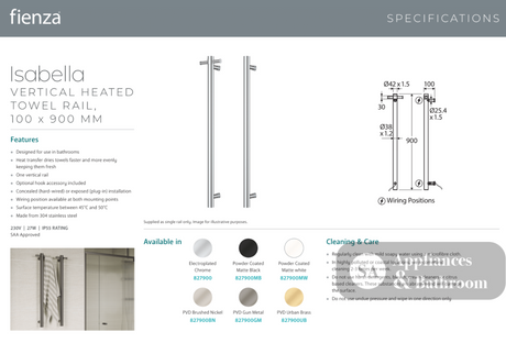 Fienza Isabella 827900 Vertical Heated Towel Rail 100 x 900mm Chrome