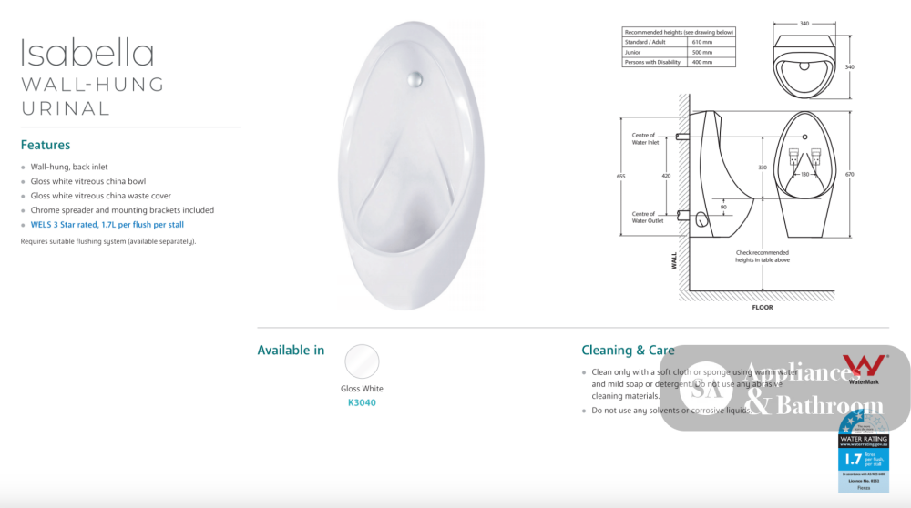 Fienza Isabella K3040Z Single Stall Urinal Kit with Zip® FlushMaster® - Urinals
