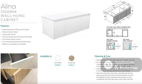 Fienza JOL120RW 1200 Joli Alina Satin White Wall-Hung Vanity - Vanity Units